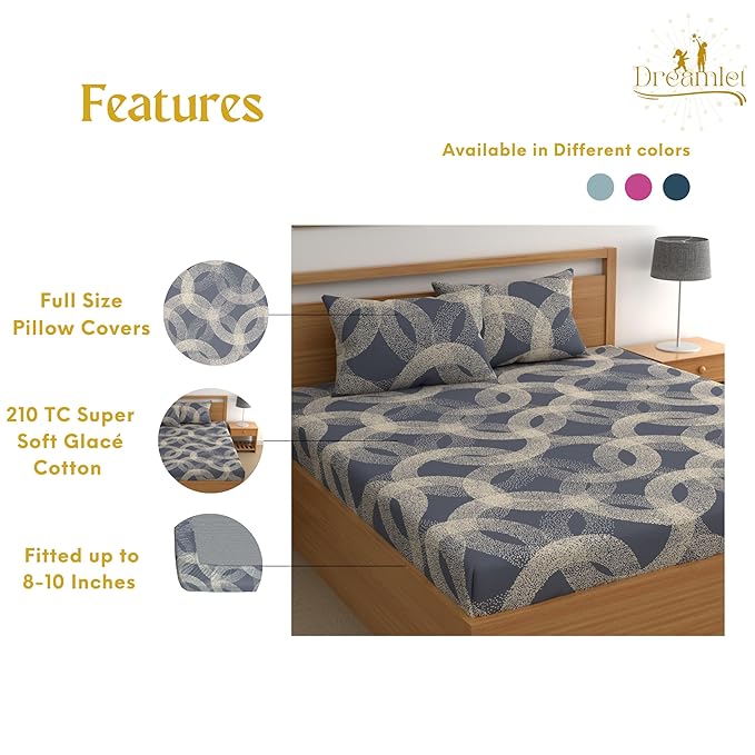 Dreamlet All Around Elastic Supersoft 210tc Premium Cotton Elastic Fitted Bedsheets With 2 King Size Pillow Covers | Denim Blue