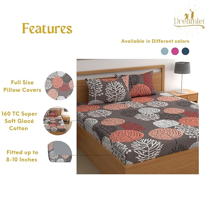 Dreamlet Elastic Fitted Bedsheets Double Bed Size, 180tc Glace Cotton Bedsheet With 2 Pillow Covers | Gray Multi
