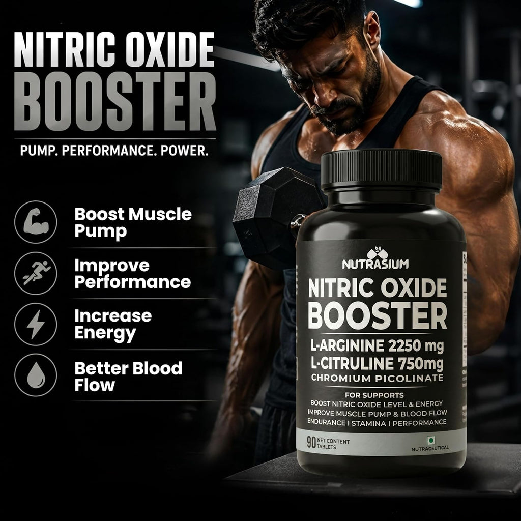 Nutrasium Nitric Oxide Supplement For Man | 2250 mg L-Arginine, 750 mg L-Citrulline with Chromium Picolinate For Supports Nitric Oxide Level, Improve Muscle Pump & Blood Flow, Boost Endurance, Stamina & Performance | 45 veg Tablets.