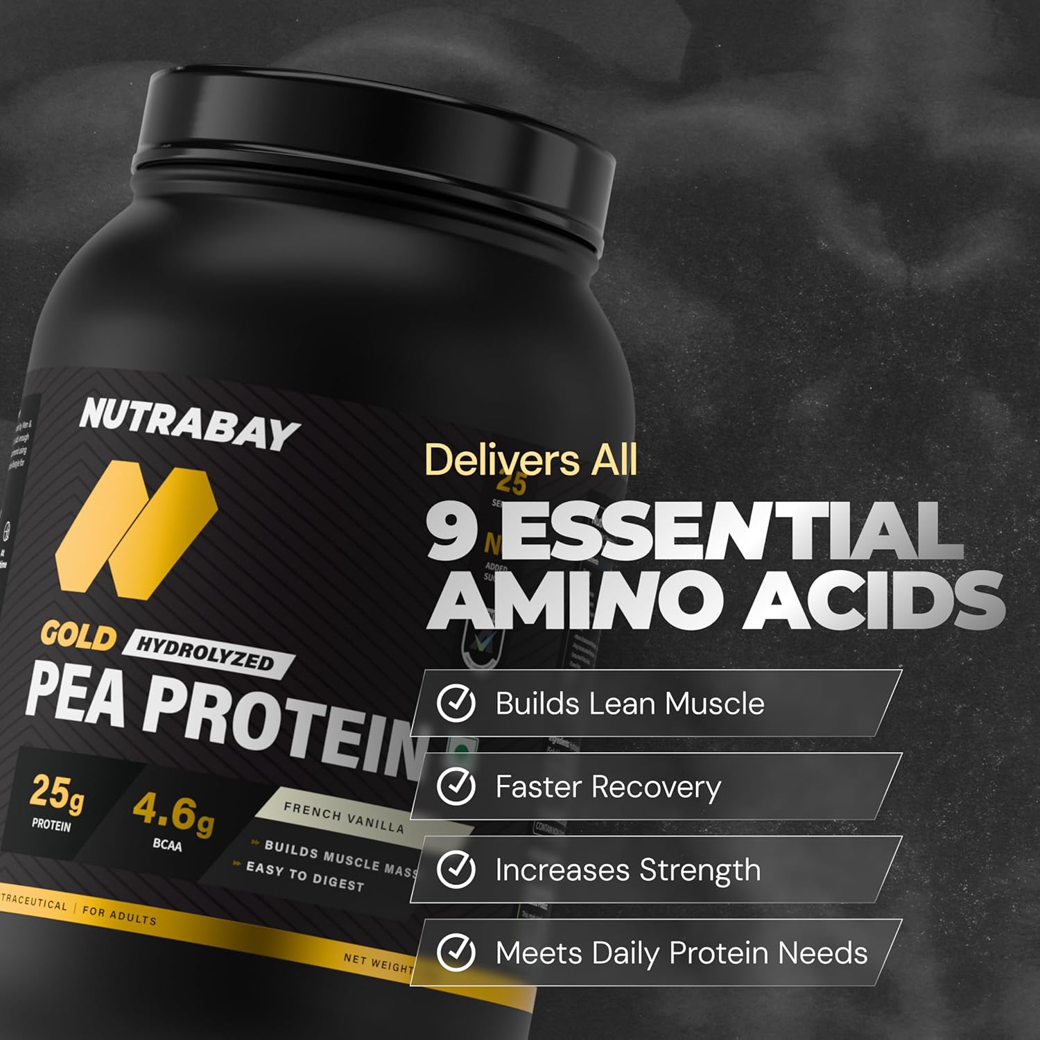 NUTRABAY Gold 100% Pea Protein Powder - 1kg, French Vanilla | 25g Protein, 4.6g BCAA, 5g Fiber | Complete Amino Profile | Tastiest & Smoothest Vegan, Plant Protein | Muscle Gain & Fast Recovery