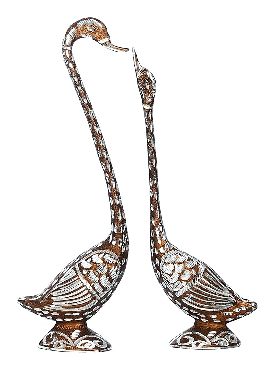 Ecraftindia Brown Metal Handcrafted Kissing Swan Couple Statues Love Birds Figurines Decorative Showpieces