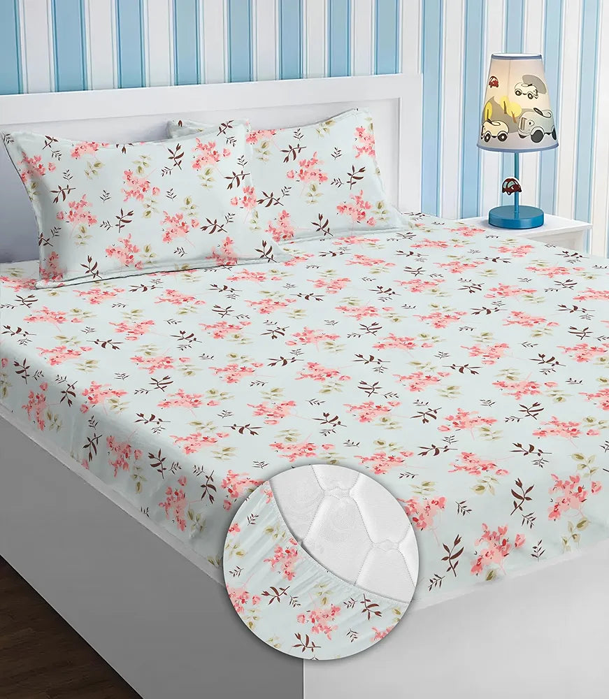Homekart Premium Cotton Elastic Fitted Bedsheets with 2 King Size Pillow Covers Double Bed Flower Print Sky Blue and Pink 200 tc 220 tc