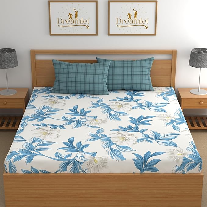 Dreamlet All Around Elastic Supersoft 210tc Premium Cotton Elastic Fitted Bedsheets With 2 King Size Pillow Covers | Blue & White