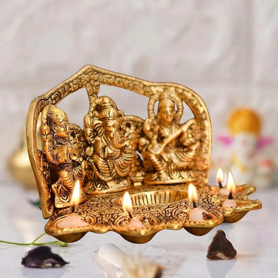 Chhariya Crafts Laxmi Ganesh Saraswati Idol with 5 Face Diya