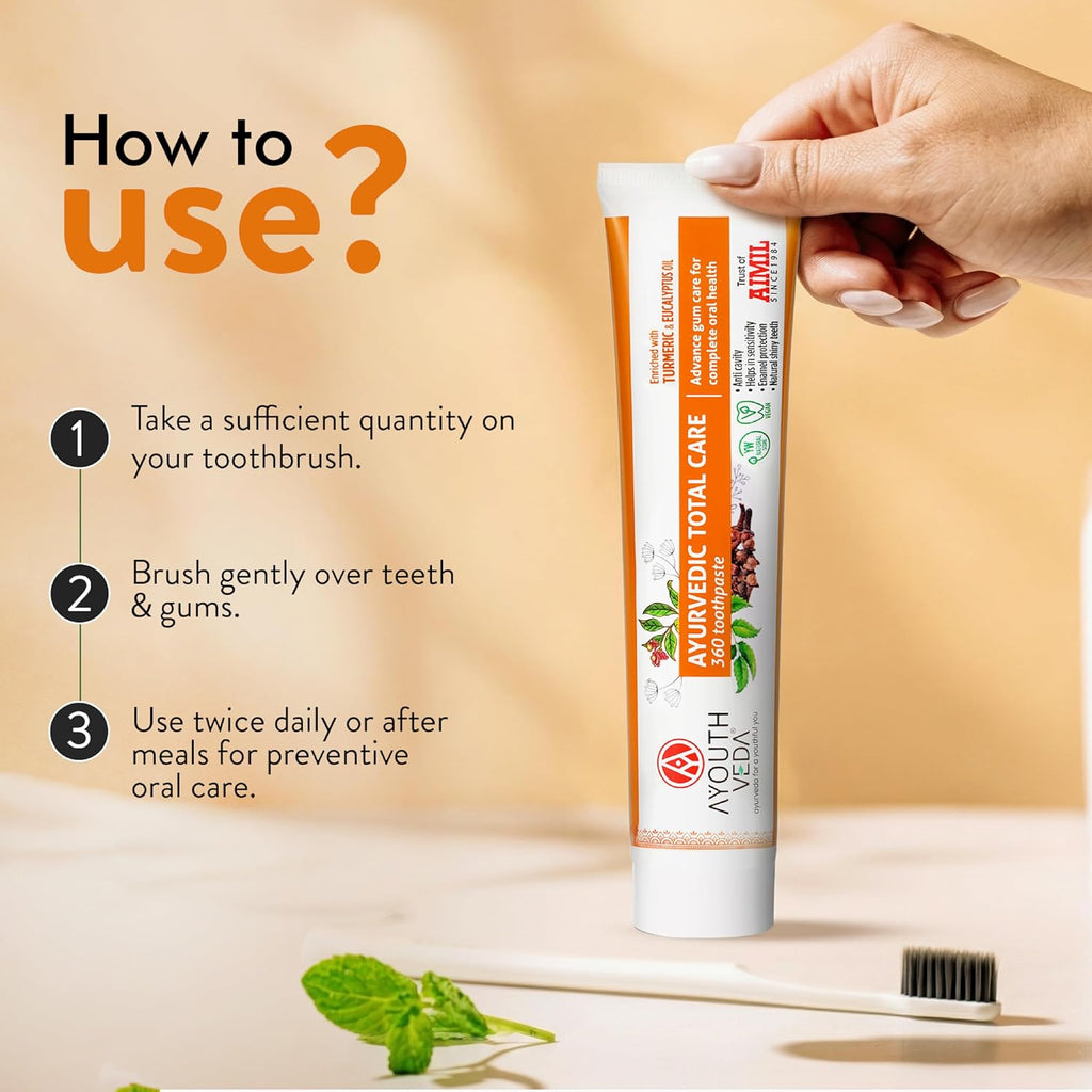 Ayouthveda Total Care 360 Toothpaste | Turmeric & Eucalyptus Oil Toothpaste for Cavity Prevention, Enamel Protection, Gum Strengthening & Long-Lasting Fresh Breath | Natural Anti-Bacterial Oral Care Formula | 100g (Pack of 1)