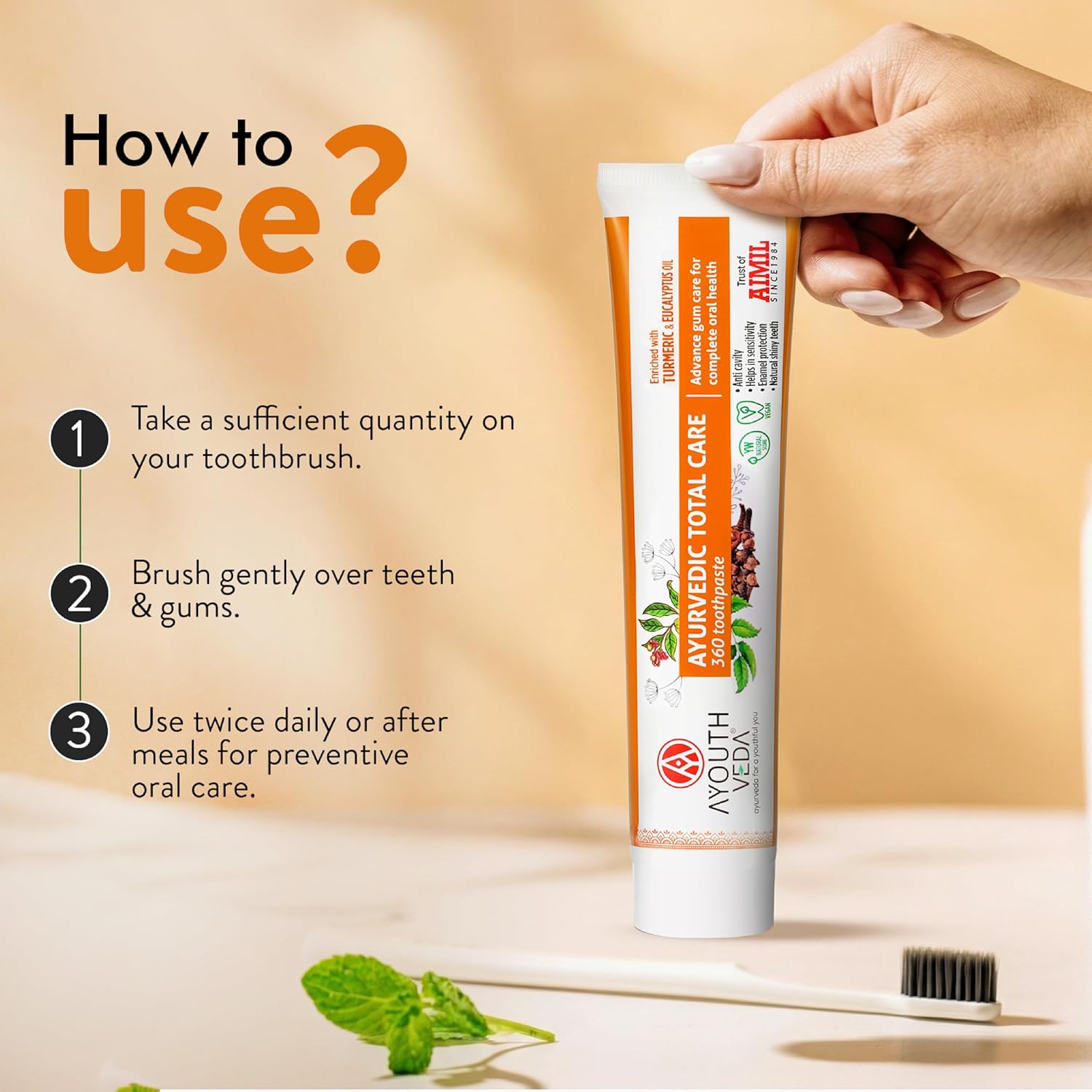 Ayouthveda Total Care 360 Toothpaste | Turmeric & Eucalyptus Oil Toothpaste for Cavity Prevention, Enamel Protection, Gum Strengthening & Long-Lasting Fresh Breath | Natural Anti-Bacterial Oral Care Formula | 100g (Pack of 1)