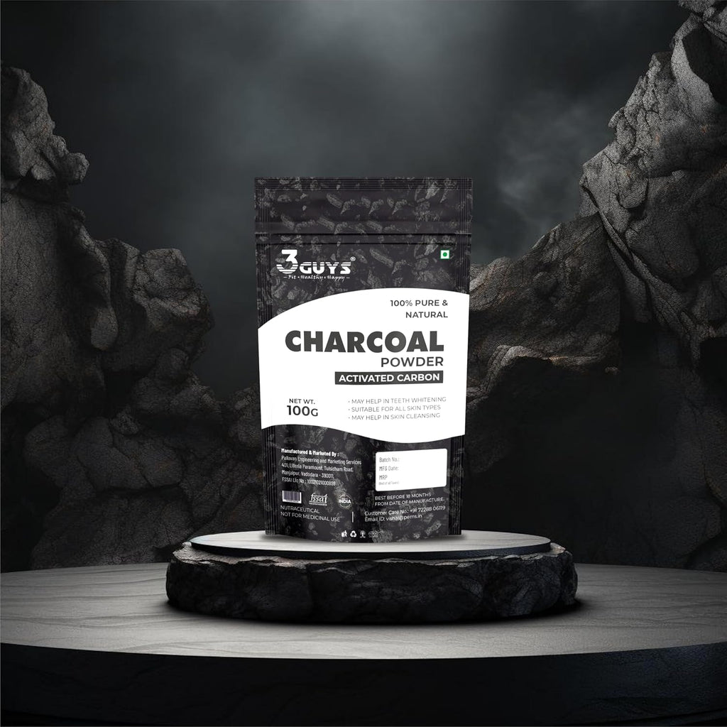 3 Guys Activated Charcoal Powder with Activated Carbon for Face Pack, Deep Cleansing and Detoxifying, 100gm