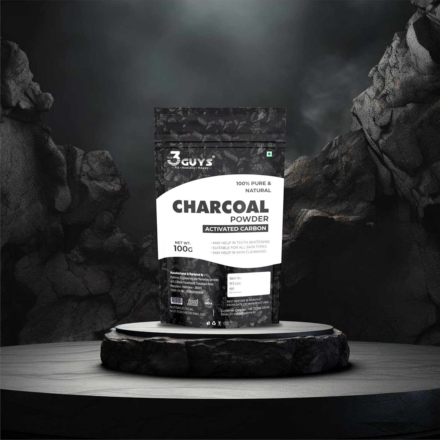 3 Guys Activated Charcoal Powder with Activated Carbon for Face Pack, Deep Cleansing and Detoxifying, 100gm