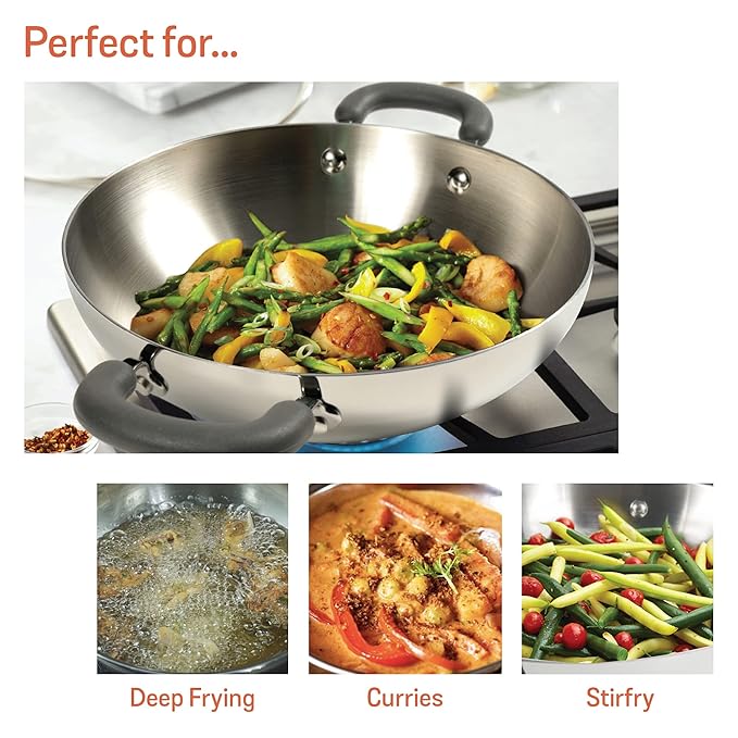 Meyer Trivantage Nickel Free Stainless Steel Triply Kadai with Steel Lid 24cm Silver