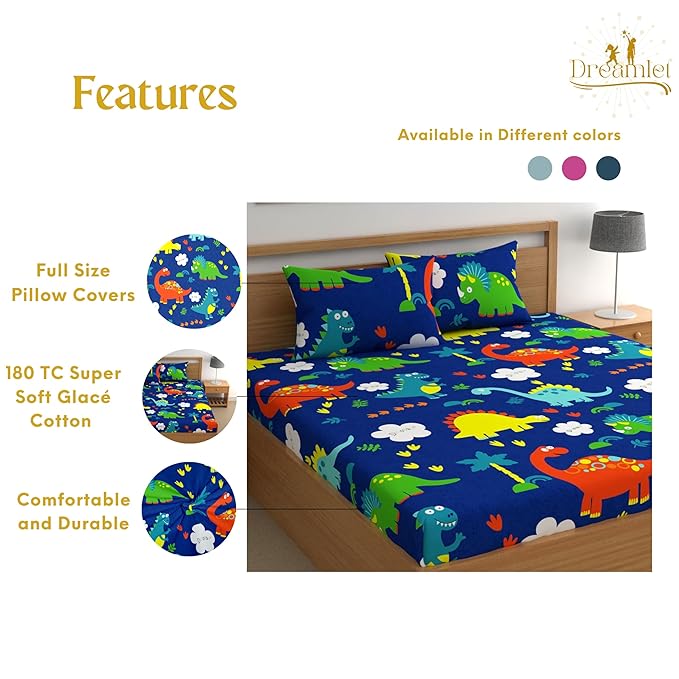 Dreamlet Prime Collections 180tc Pure Cotton Breathable Supersoft Wrinkelfree Double Flat Bedsheet With 2 King Size Pillow Covers | Blue