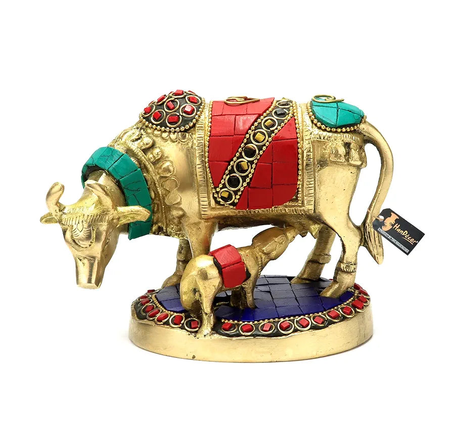 Two Moustaches Gemstone Work 5.5 Inches Kamdhenu Cow Brass Showpiece