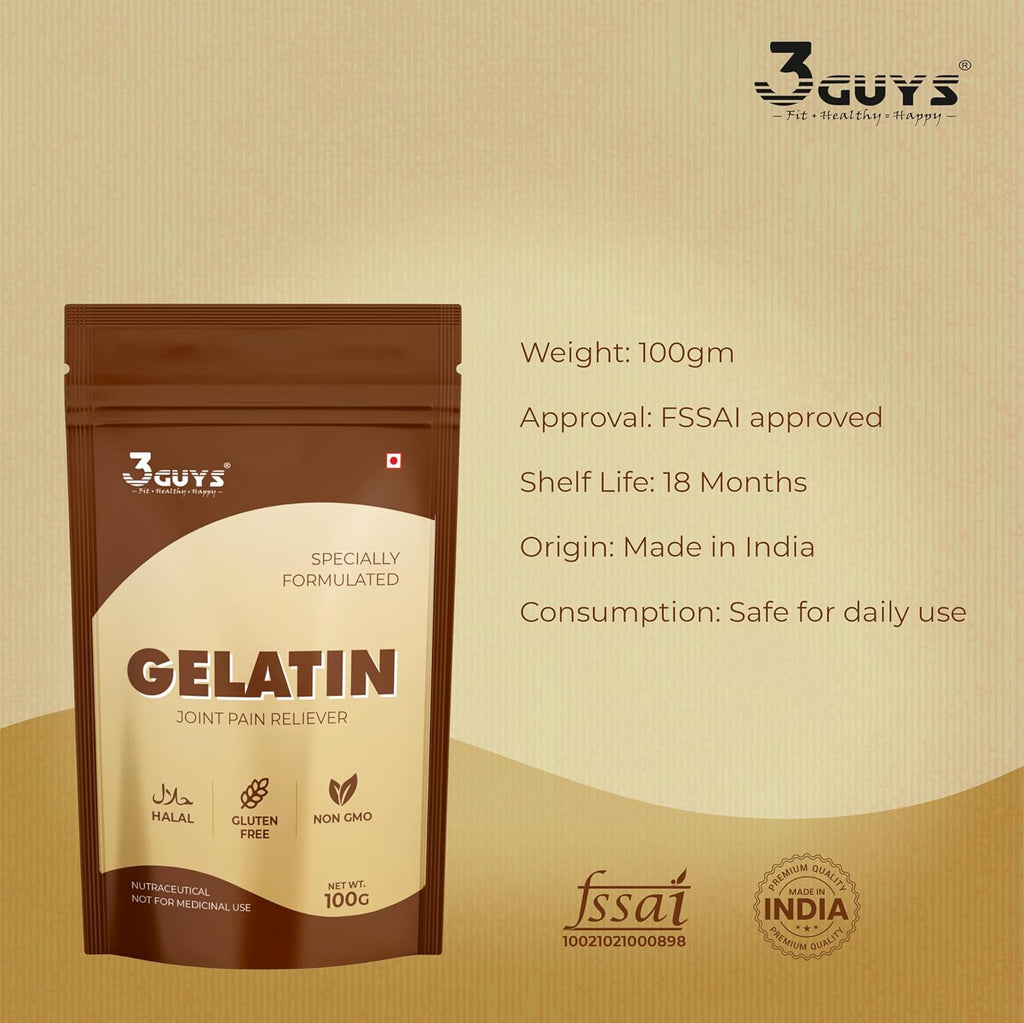 3 GUYS Edible Gelatin Powder 100g for Food & Cosmetic Use | Natural Joint Pain Reliever & Digestion Support | Unflavoured Base for DIY Peel-Off Face Masks & Hair Removal | Gluten-Free, Halal & Non-GMO for Graceful Aging