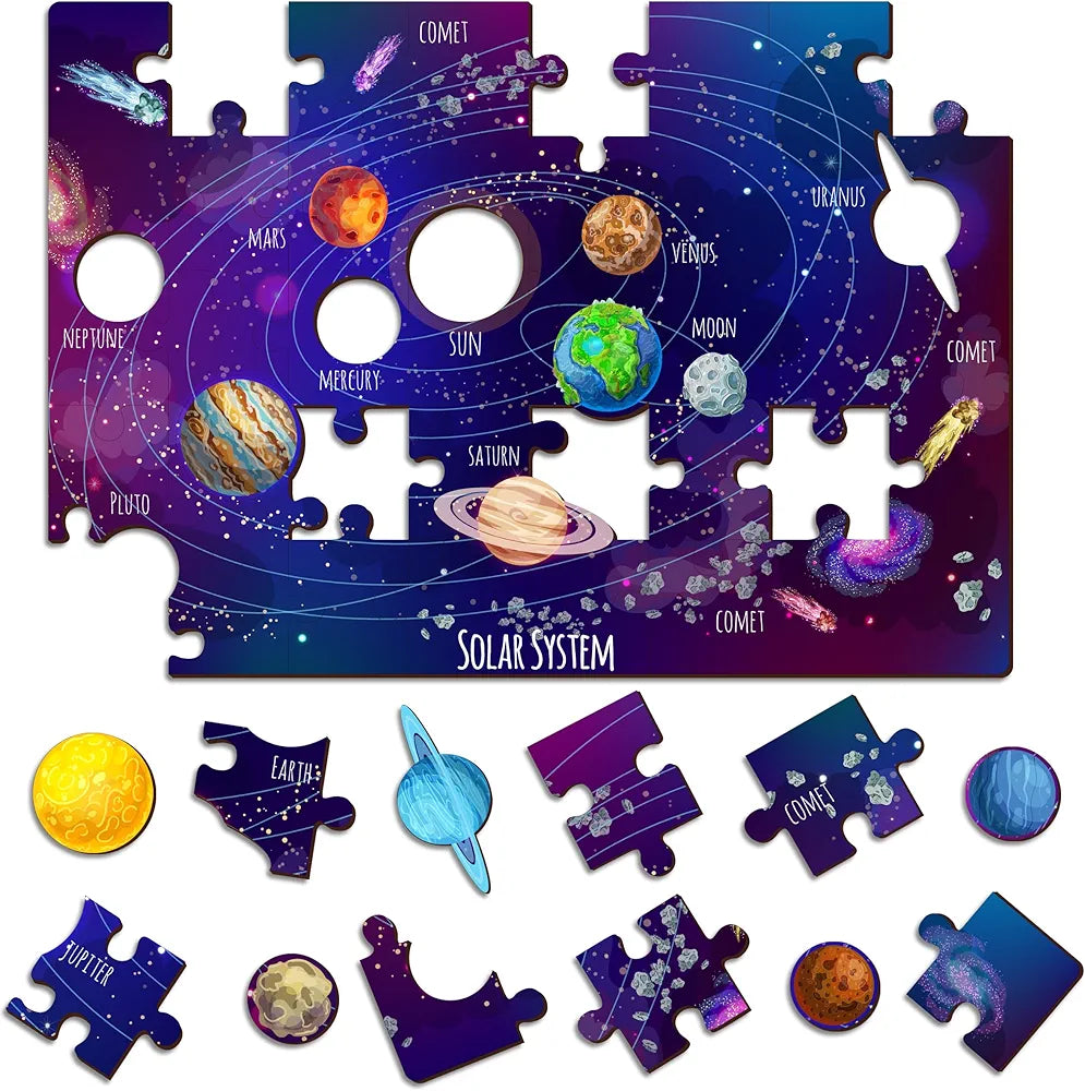 Lefan India Map & Solar System Floor Puzzle Mat for Kids – Set of 2 Educational Wooden Jigsaw Puzzles – Geography & Space Learning Toys for Boys & Girls Age 3+