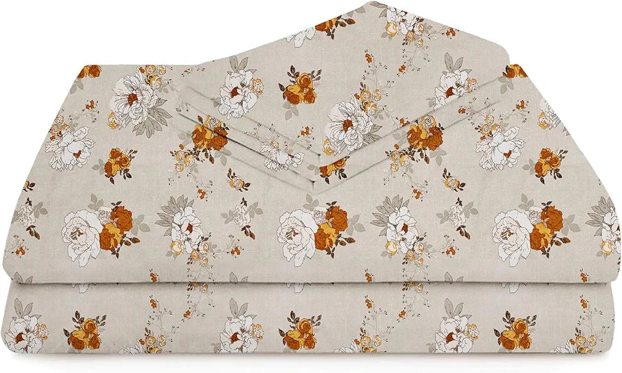 Homekart Premium Cotton Elastic Fitted Bedsheets with 2 King Size Pillow Covers Double Bed Flower Print Beige and Brown 200 tc - 220 tc