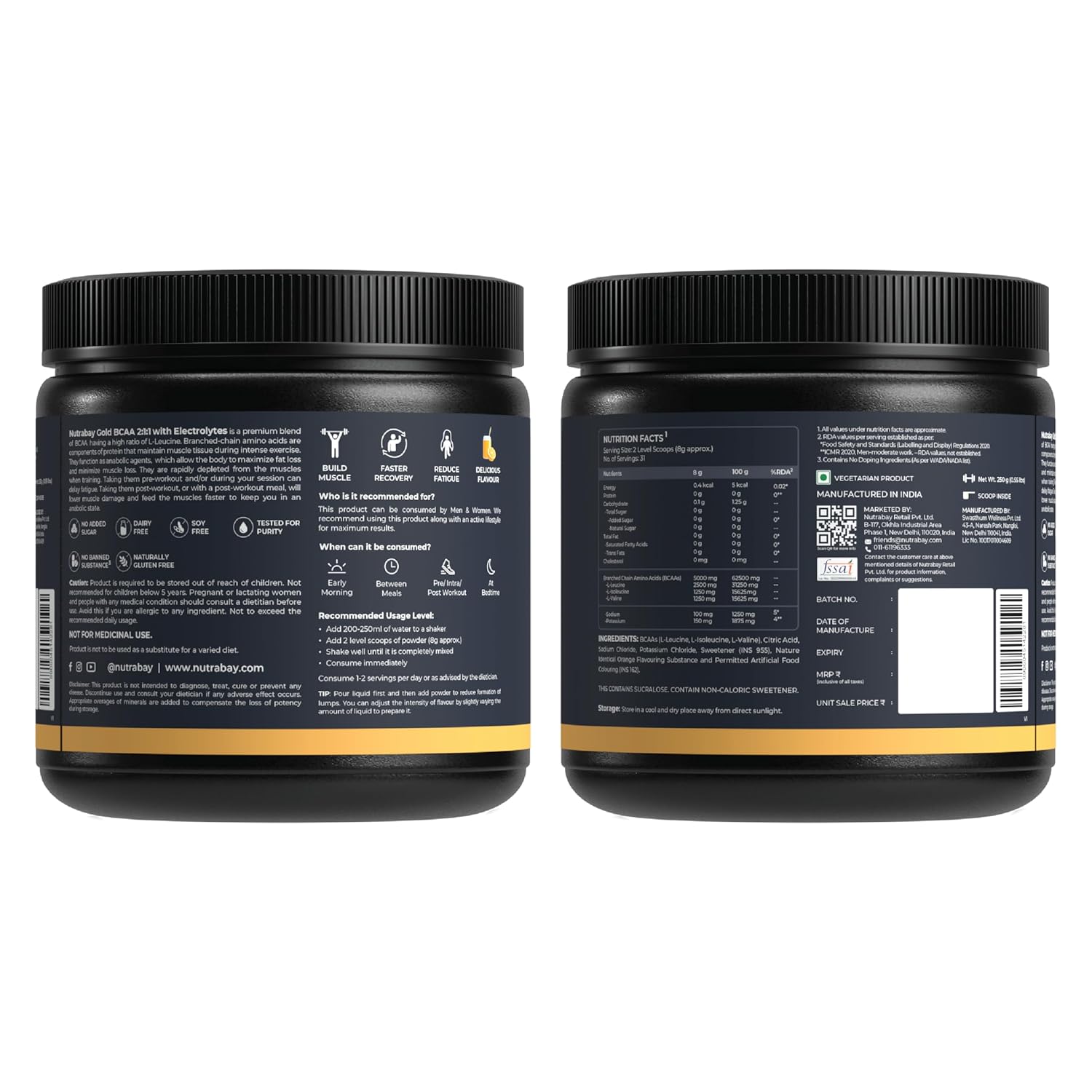 Nutrabay Gold BCAA 2:1:1 with Electrolytes 5000 mg Vegan BCAAs per Serving â€“ Pre/Post Workout Energy Drink for Muscle Build Up, Faster Recovery - Tested for Purity - No Banned Substancesâ€“ 250g, Orange