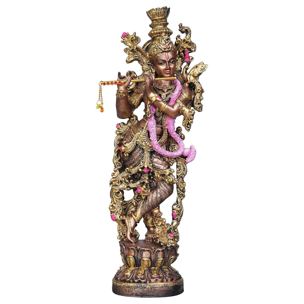 Ecraftindia Golden Standing Lord Krishna Idol Playing Flute Statue for Home