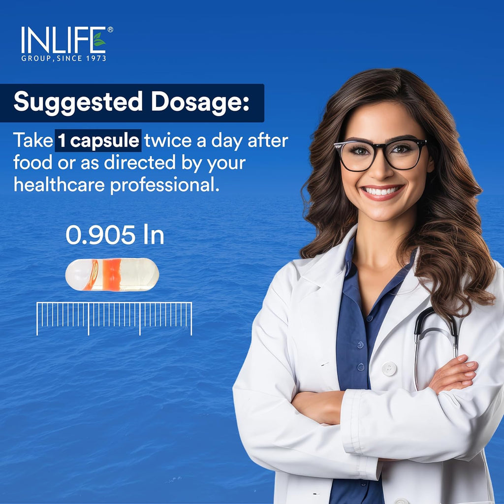 INLIFE Fish Oil Omega 3 Capsule 1000mg | Double Strength | Supplement for Heart, Brain and Joint Health for Men Women | EPA:DHA - 360:240-60 Liquid Filled Capsules