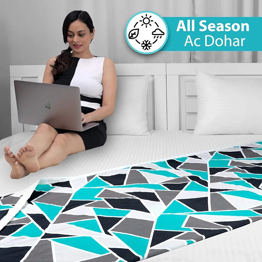 Divine Casa 100% Cotton 144 TC Reversible Geometric Printed Double Bed AC Dohar Blanket for Mild Winter TC - 144 Colour Crystal Teal