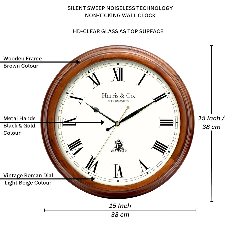 Harris & Co. Clockmasters Luxury Vintage Thick Wooden Frame Hd Clear Glass With Silent Sweep Noiseless Technology Roman Design Analog Wall Clock