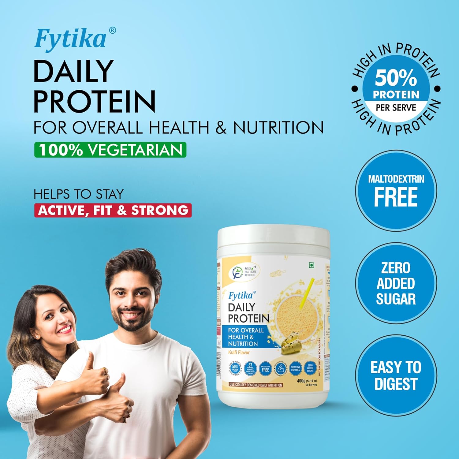 Fytika Daily Protein - 400g (Kulfi, Pack of 1) | Protein Powder for Adults with 37 Essential Vitamins & Minerals, | 50% Protein Per Serve | High Protein Drink for Women & Men