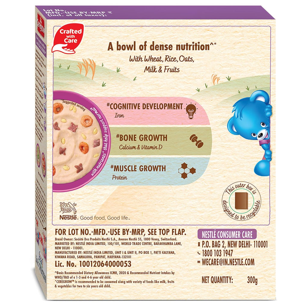 CEREGROW Multigrain Milk & Fruits Cereal | With Iron, Protein, Calcium | 19 Nutrients | 300g, Bag-in-box Pack