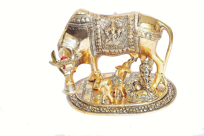 KridayKraft Metal Kamdhenu Cow Calf with Bal Gopal Krishna Statue for Good Luck Gold Standard