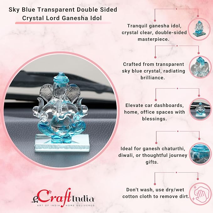 Ecraftindia Skyblue and Transparent Double Sided Crystal Car Ganesha Showpiece