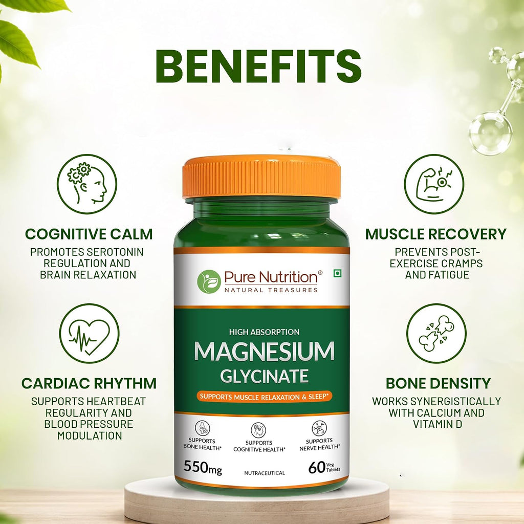 Pure Nutrition Magnesium Glycinate 550mg - 60 Tablets | High Absorption Magnesium Supplement for Daily Wellness | Supports Muscle Relaxation, Sleep & Nerve Function