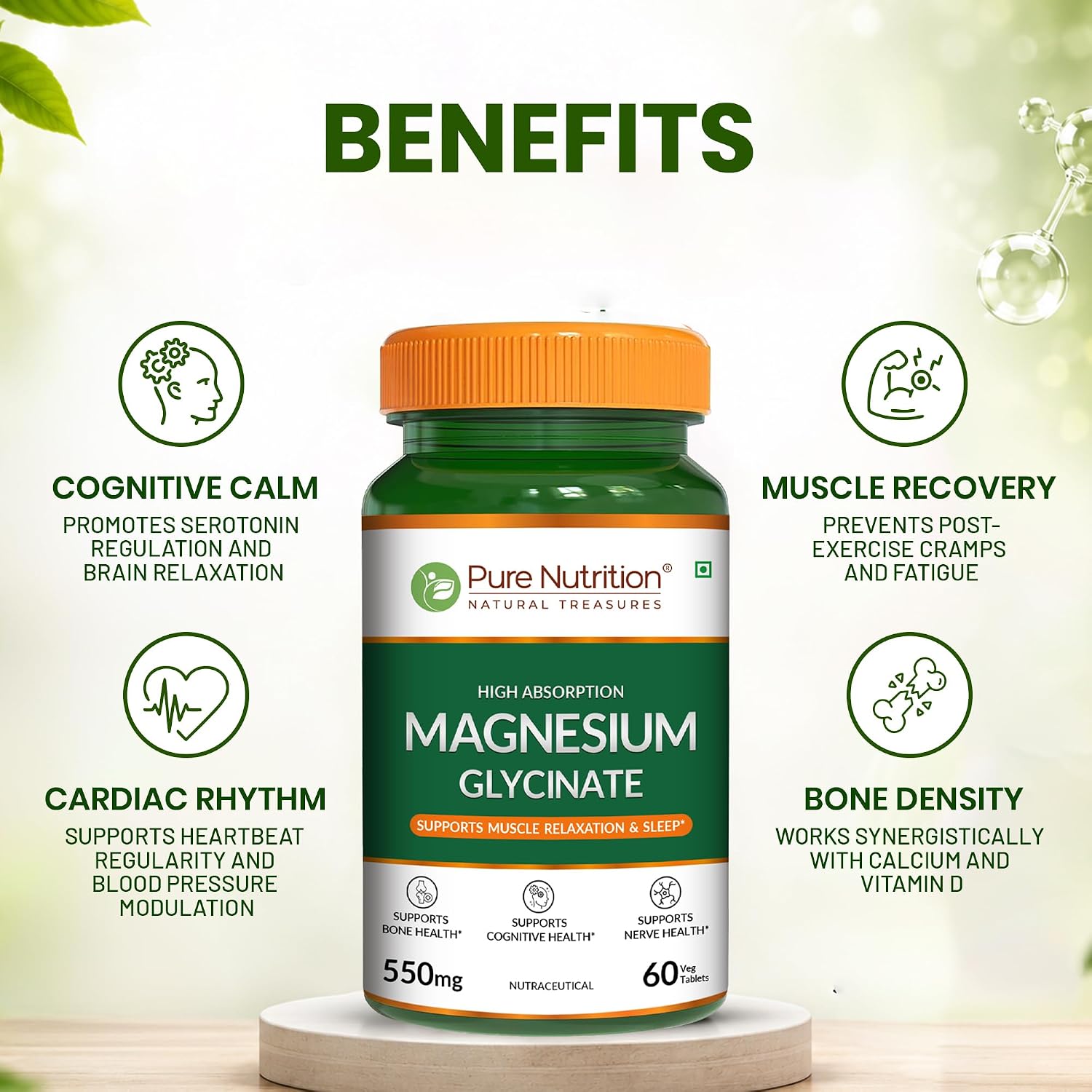 Pure Nutrition Magnesium Glycinate 550mg - 60 Tablets | High Absorption Magnesium Supplement for Daily Wellness | Supports Muscle Relaxation, Sleep & Nerve Function