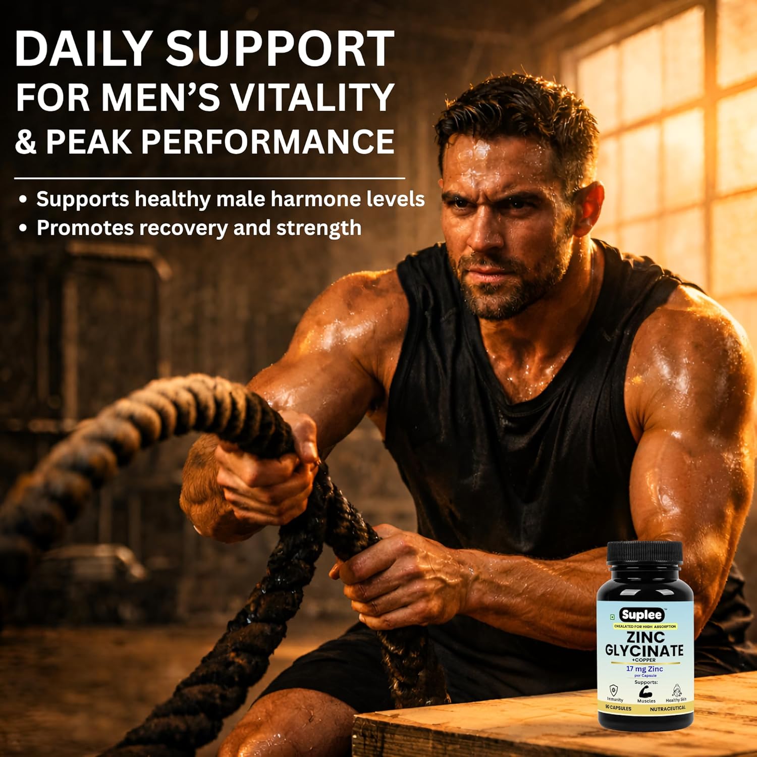 Suplee Zinc Glycinate with Copper Supplement | 17mg Zinc & 1.7mg Copper | High Absorption Chelated Formula for Immunity, Skin & Muscle Health | 90 Veg Capsules (Lab Tested)
