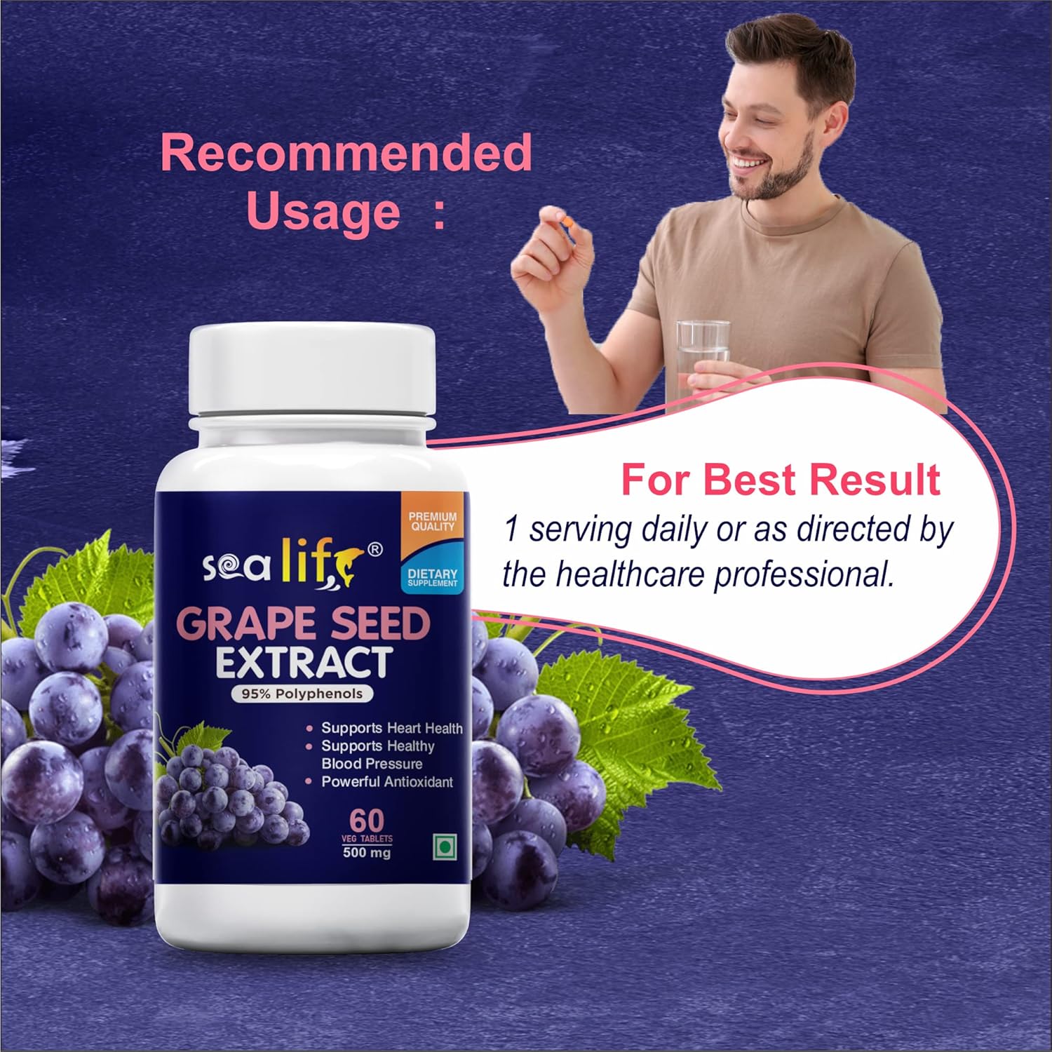 Sea Life Grape Seed Extract | 500 mg 60 Tablets | Antioxidant Supplement Strengthens Immunity, Helps Fight Infections, Promotes Healthy Skin and Hair| For Women and Men.