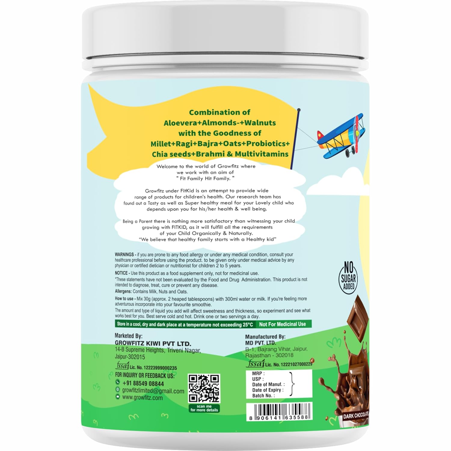 Growfitz FitKid | Natural Healthy Everyday Meal for Kids 2-18 | Supports Bone Strength, Immunity, Brain Development | No Sugar, Only Jaggery | 6.3g Protein | Almonds, Walnut, Ragi, Bajra, Chocolate Powder