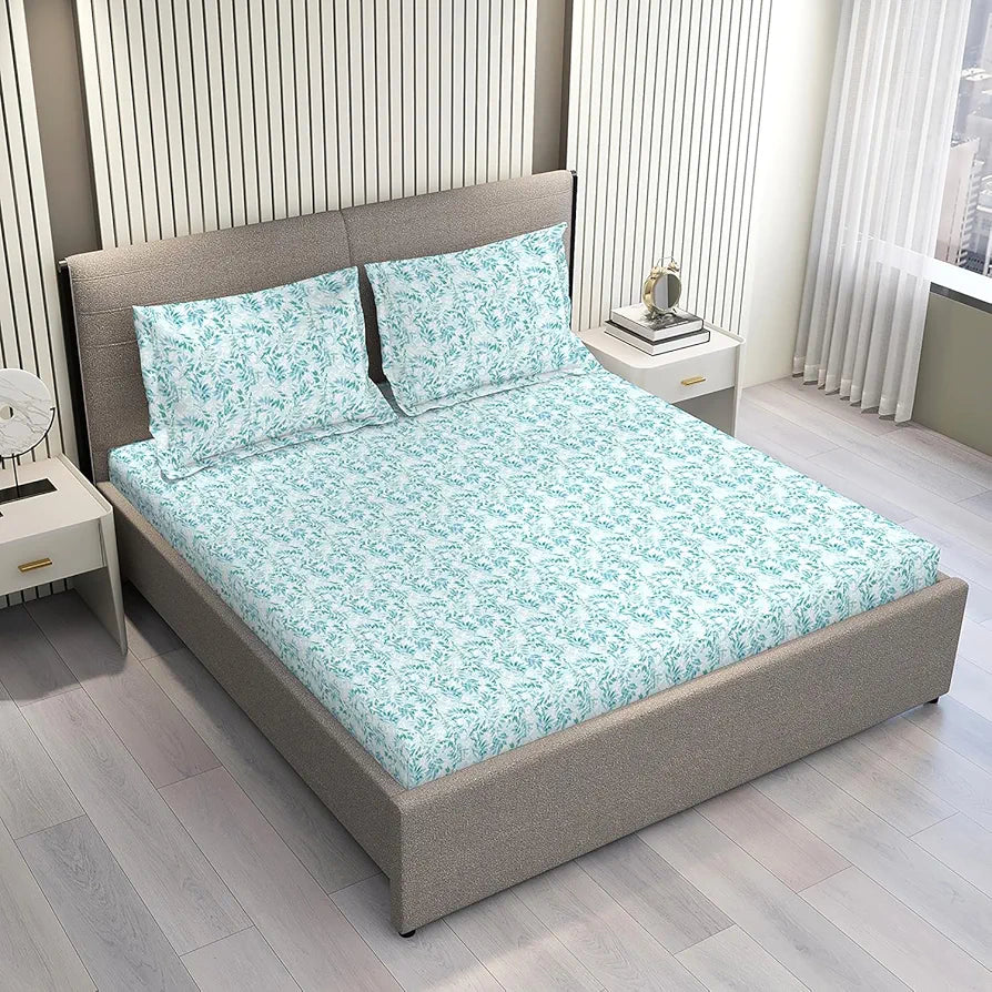 Layers Lumina Floret Cotton Bedsheet Set for All Seasons Lightweight 144 TC Queen Size Aqua