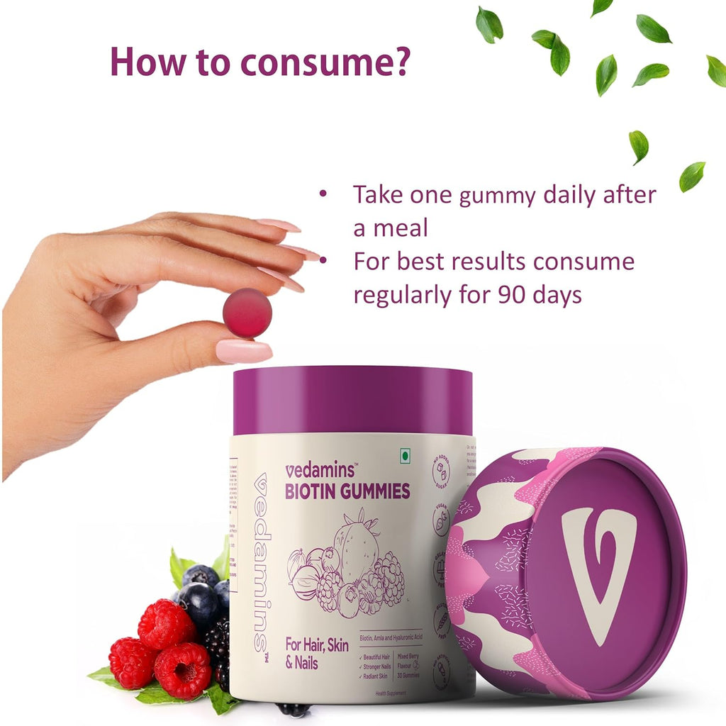Vedamins Biotin Gummies for Hair, Skin & Nails I No Added Sugar I Hair Gummies for Women & Men - 30 Gummies | Pack of 2