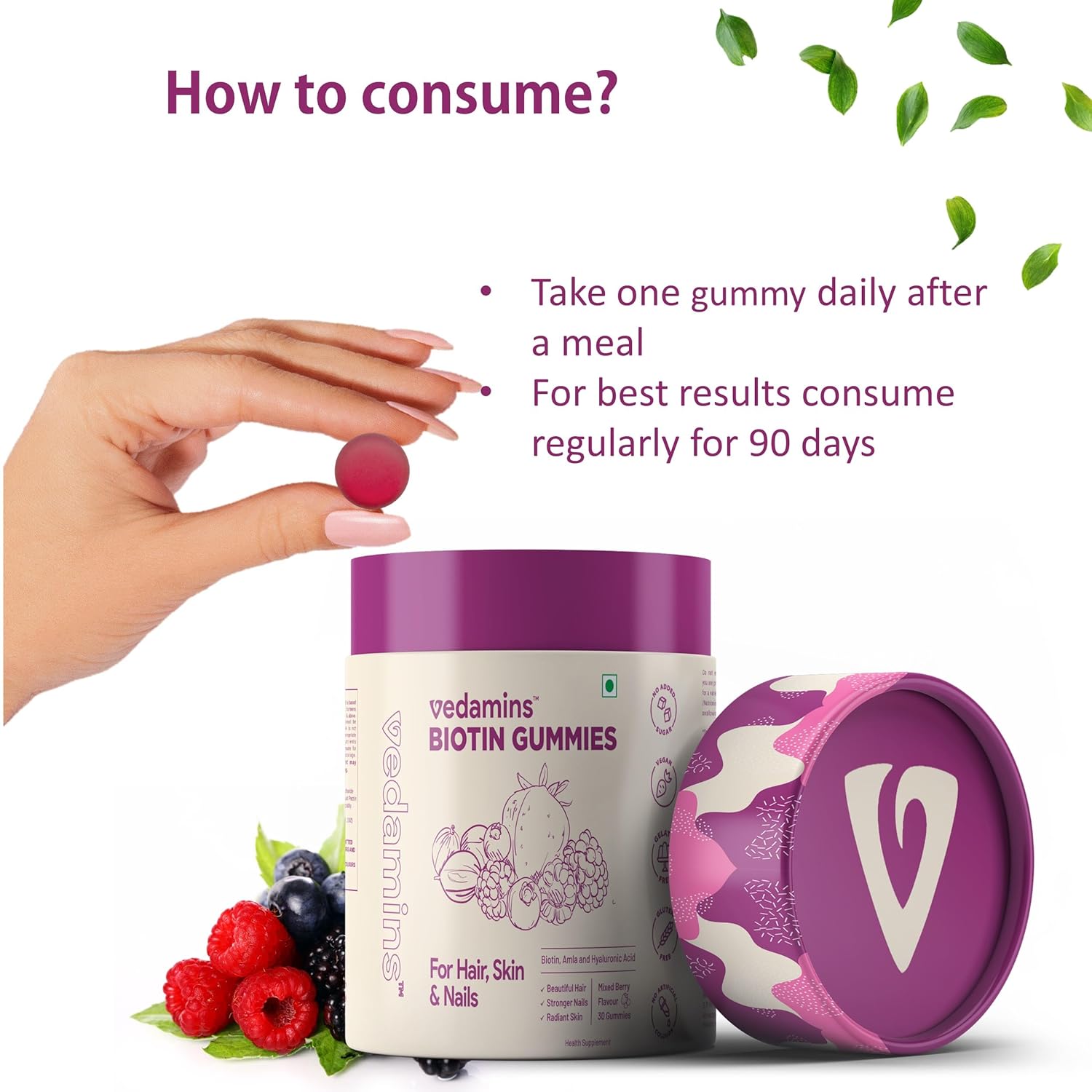 Vedamins Biotin Gummies for Hair, Skin & Nails I No Added Sugar I Hair Gummies for Women & Men - 30 Gummies | Pack of 2