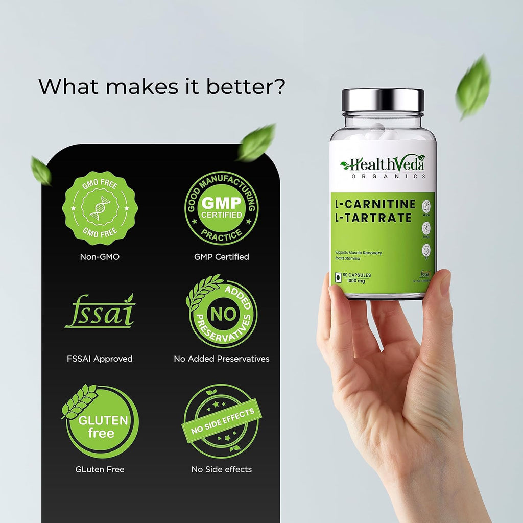 Health Veda Organics L Carnitine L-Tartrate, 1000mg | Pre-Workout Supplements | Supports Muscle Recovery & Endurance | For Both Men & Women I 60 Veg Capsules
