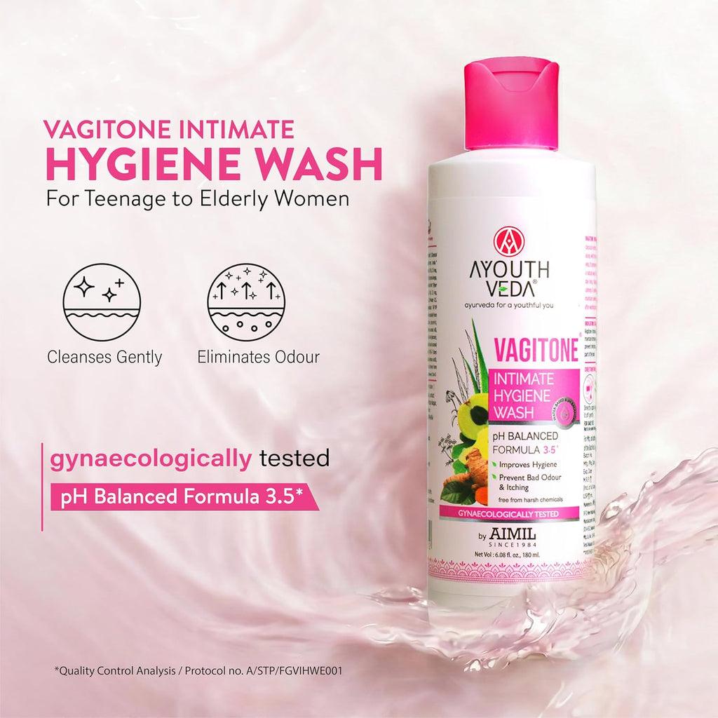 Ayouthveda Vagitone Intimate Hygiene Wash For Women | pH Balanced Daily Intimate Wash | Controls Odor, Itching & Dryness | Sulfate-Free, Gynaecologically Tested | With Sphatika, Green Tea & Aloe Vera | 180 ml (Pack of 1)