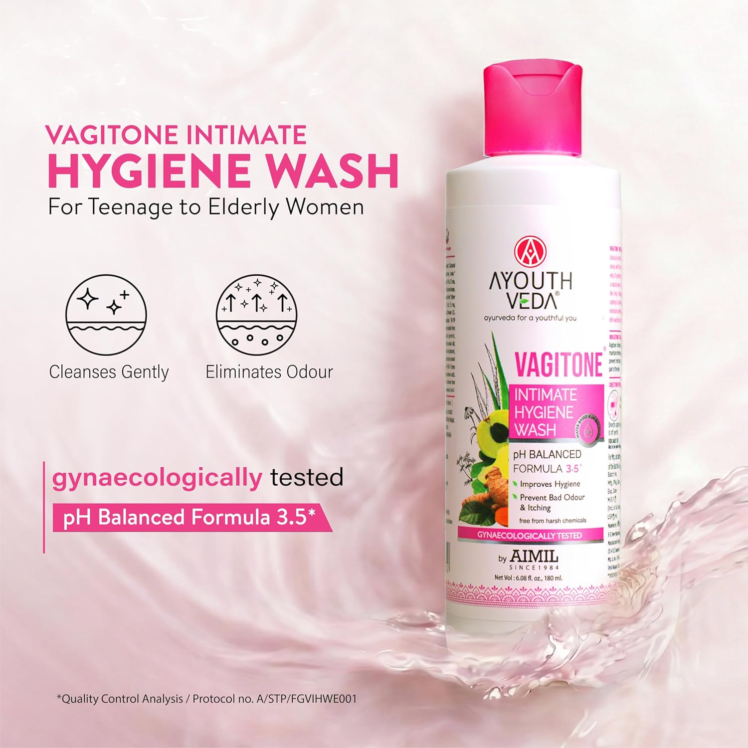 Ayouthveda Vagitone Intimate Hygiene Wash For Women | pH Balanced Daily Intimate Wash | Controls Odor, Itching & Dryness | Sulfate-Free, Gynaecologically Tested | With Sphatika, Green Tea & Aloe Vera | 180 ml (Pack of 1)