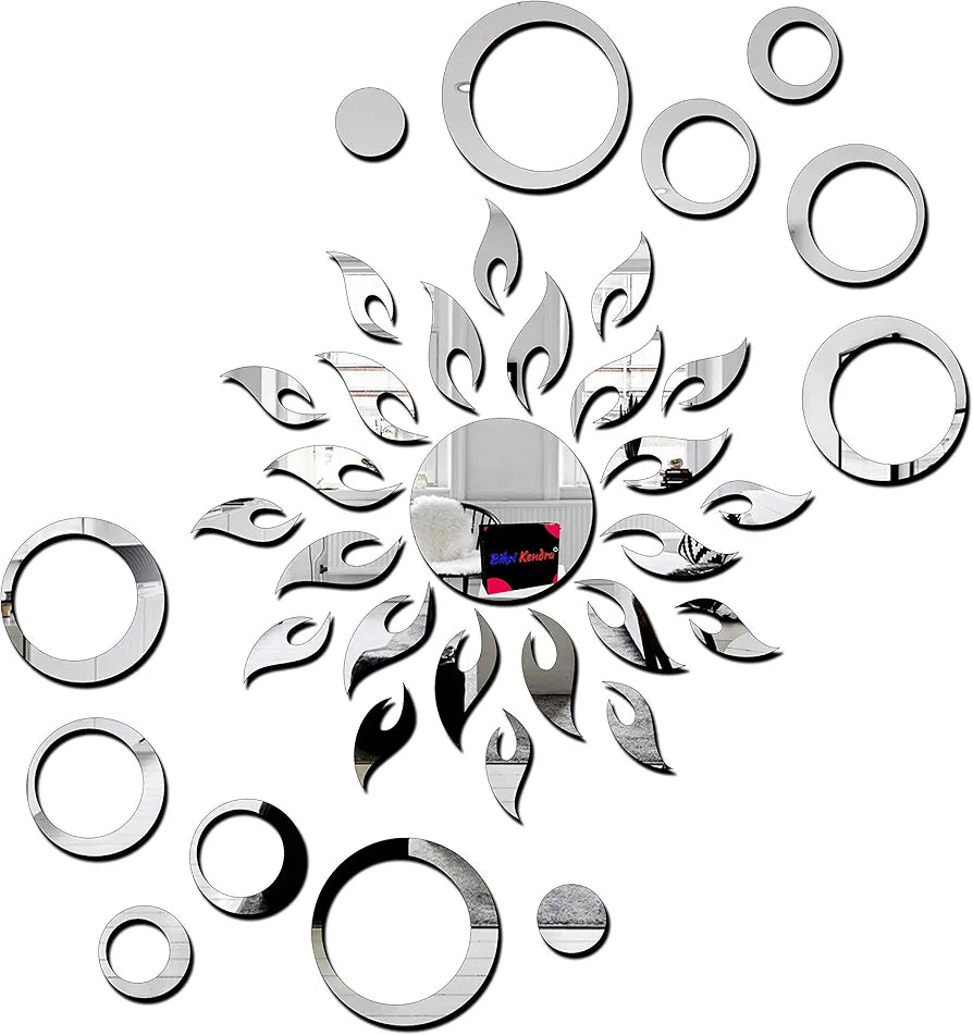 Bikri Kendra Sun with Rings 12-3D Acrylic Mirror Wall Stickers Premium Collection Silver