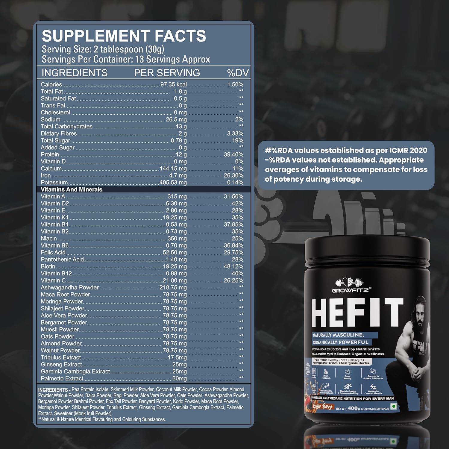 Growfit Hefit 100% Natural Plant Protein Powder 400g | 12g Protein - Pea Isolate | Easy to Digest | Meal Supplements for Muscle Growth & Recovery | 50+ Organic Herbs | No Added Sugar (Coffee Berry)