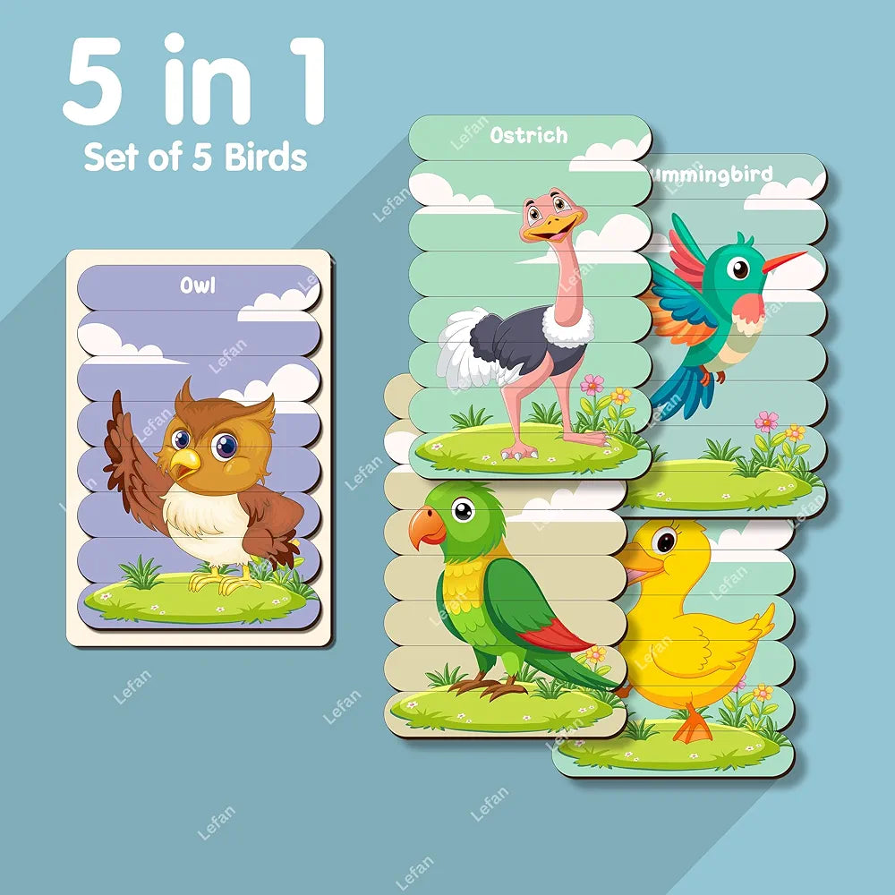 Lefan 5-in-1 Wooden Bird Stick Puzzle Animal Puzzle Sticks Set Kids Toys for 2-5 Years boy Montessori Early Learning Toy Gift 3 4 5 6 7 8 Years Kids