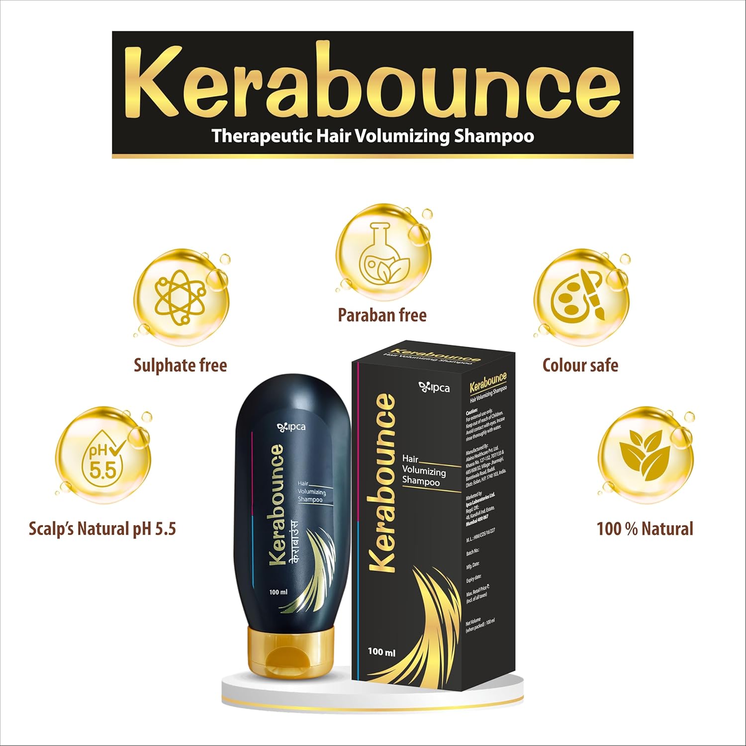 Ipca Kerabounce Hair Volumizing Shampoo â€“ Sulphate Free & Paraben Free, Colour Safe, Gentle Scalp Care, Natural Hair Care Shampoo for Daily Use, 100 ml