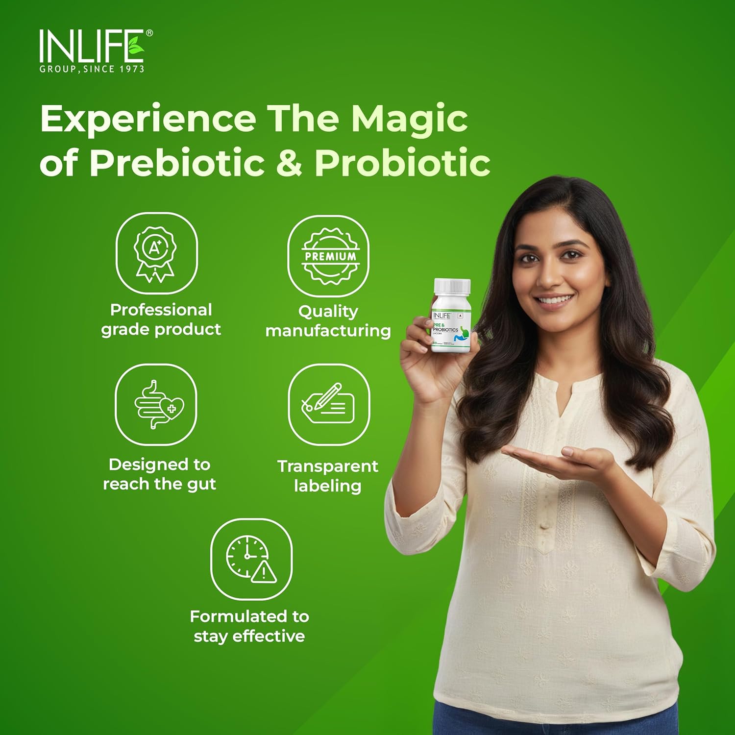 INLIFE Prebiotic and Probiotic Supplement for Gut Health | Lactobacillus Bacteria for Digestive Health Immunity Support| Probiotics for Women Men - 60 Capsules (Pack of 1, 60)