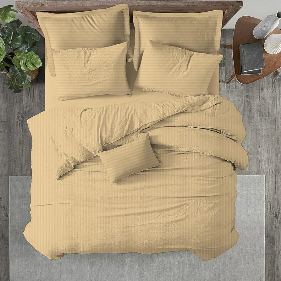 Trance Home Linen Zippered 100% Cotton 200TC Satin Stripe King Size Duvet Cover Quilt Cover Blanket Cover Razai Comforter Cover with 2 Pillow Covers Colour Beige