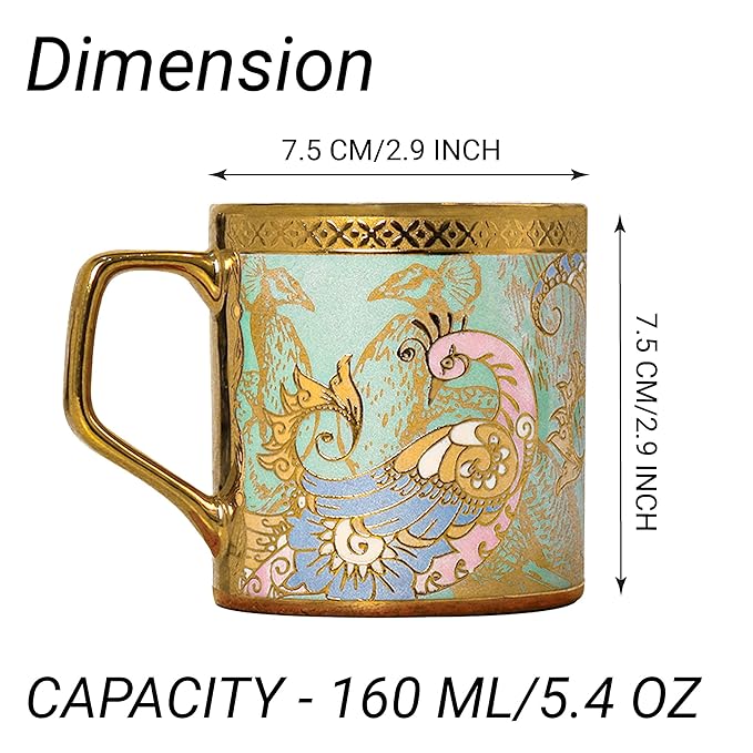 Femora Bone China Gold Tea Cup | 180 Ml | Green Leaf Peacock