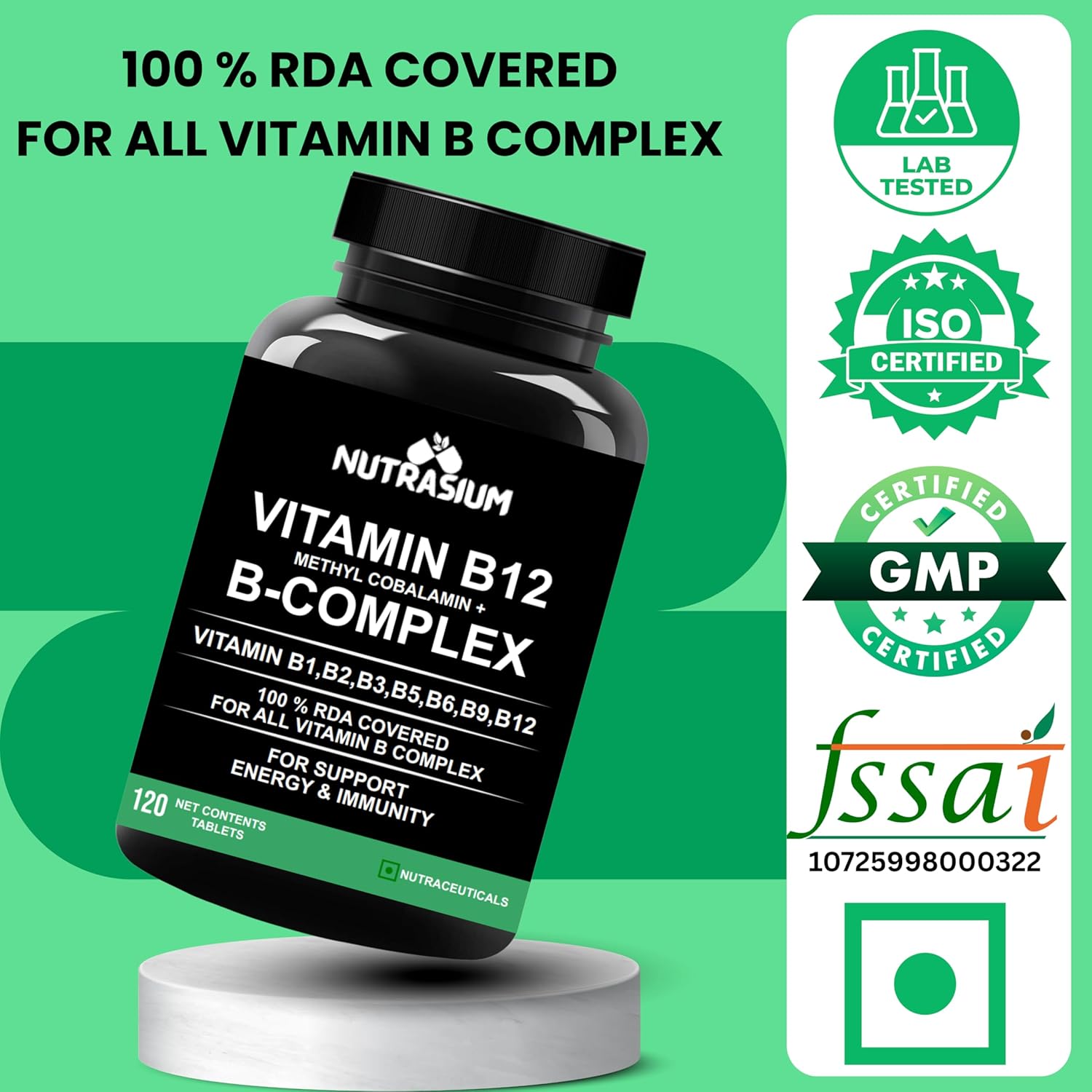 Nutrasium Vitamin B12 with B-Complex Tablets - 100% RDA for B Vitamins with B1, B2, B3, B5, B6, B9 & Vitamin B12 | Vitamin B Complex Supplements for Women & Men - 120 Vegetarian Tablets
