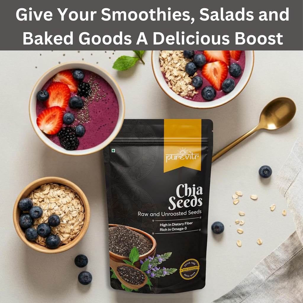 Purevitr Chia Seeds | 200g | Raw Chia Seeds for eating | Protein Rich Superfood | Immunity Booster, High in Calcium, Fiber & Antioxidants | Healthy Snacks | No Preservatives (Pack of 1)
