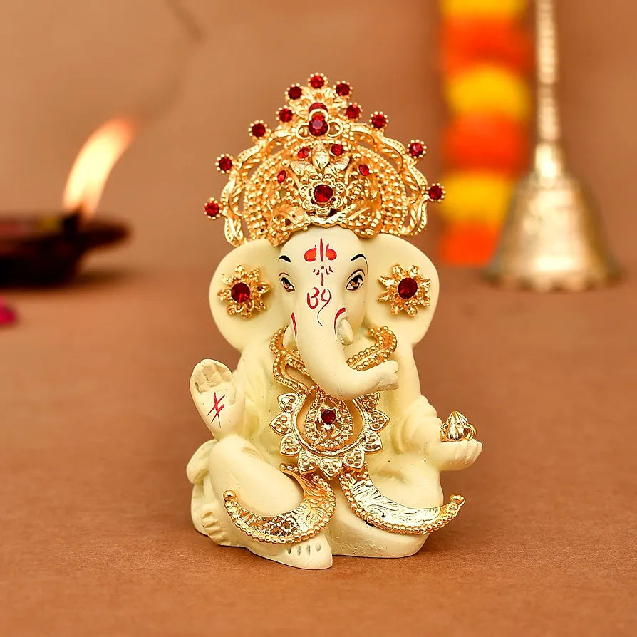 CraftVatika Ganesh Idol Murti Statue for Car Dashboard Ceramic Terracotta Gold Plated Cream