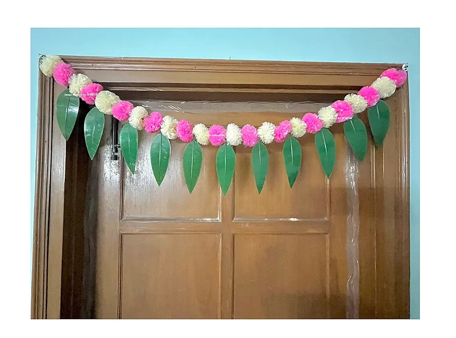 Artificial Marigold &Mango Leaves Simple Door-Window Toran Cream and Baby Pink