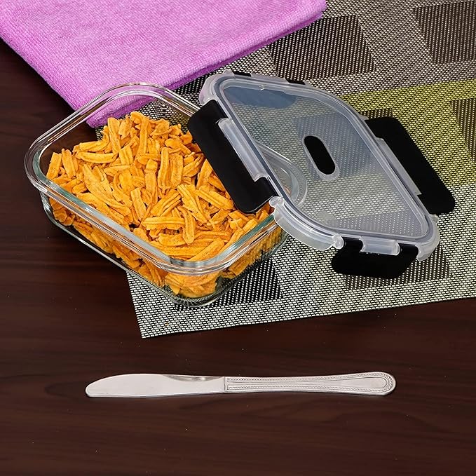 Femora Borosilicate Rectangle Glass Container With Dectahable & Break Free Lid | Black Color | 1000 Ml | Set of 3